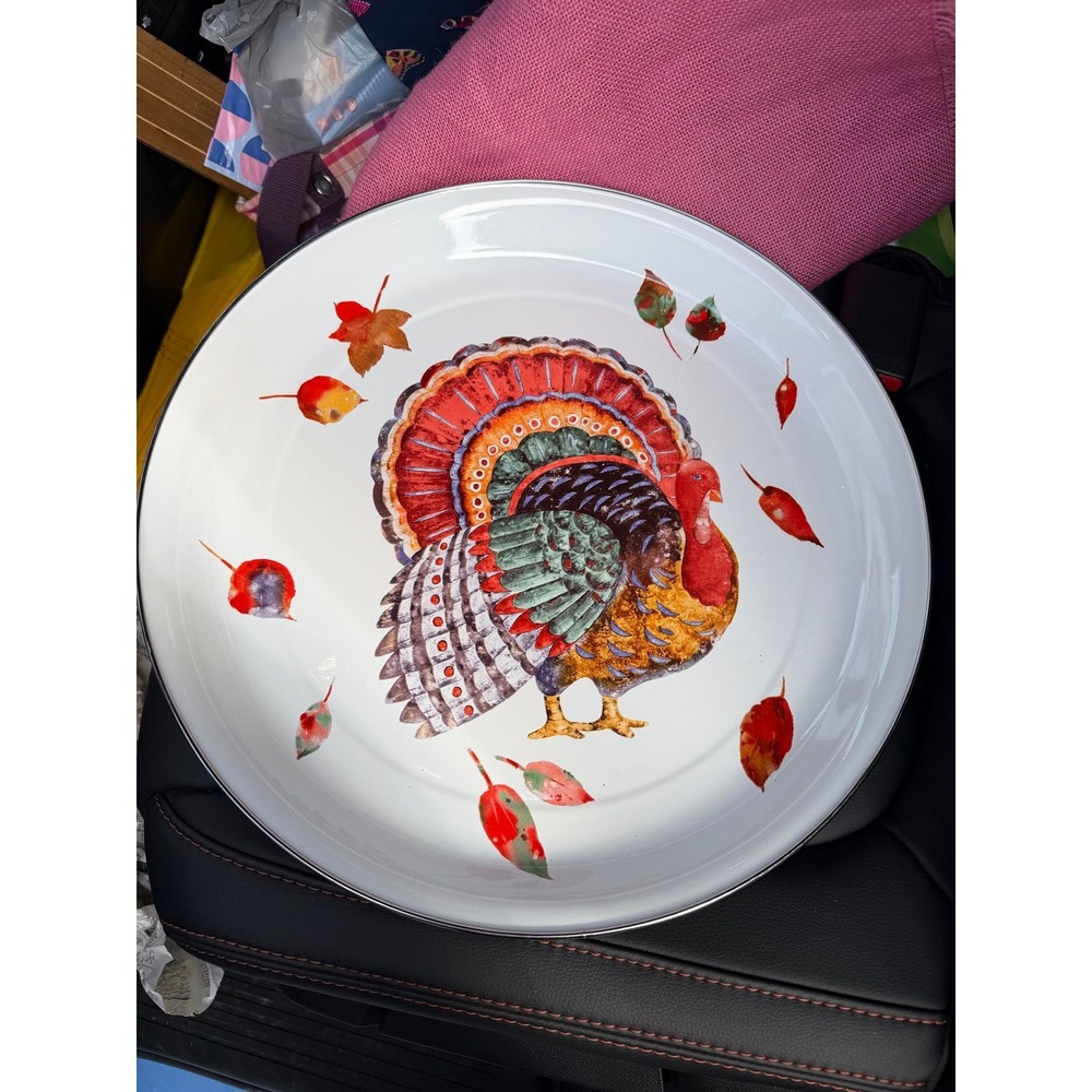 Vintage Hallmark Thanksgiving Turkey Holiday 16" Round Enamel Tray